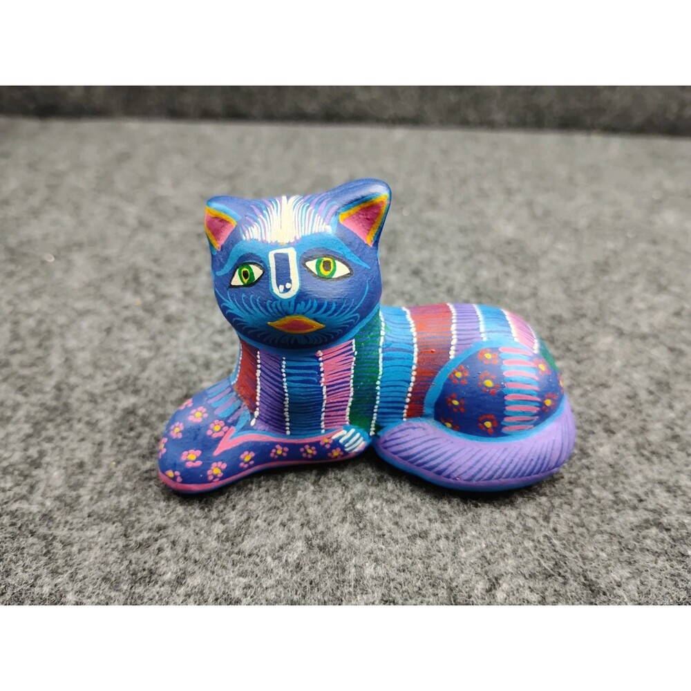 Mexican Pottery Folk Art Blue Cat Figurine Hand Painted Terra Cotta Clay